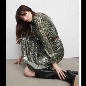 NWT Zara Sequin High Collar MIDI Dress SMALL